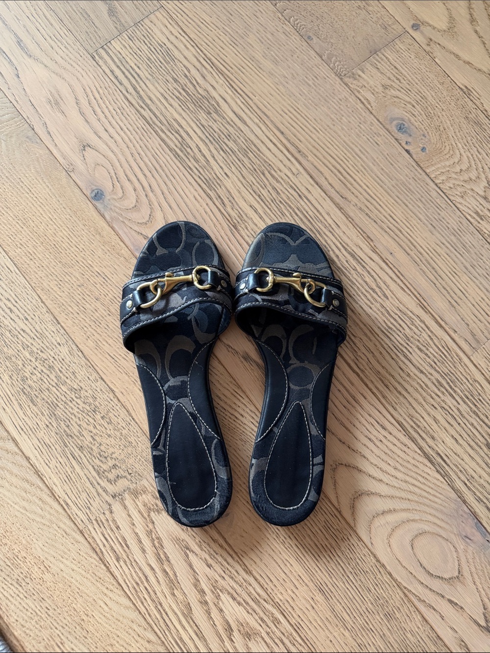 COACH Black Slide Sandals with Gold Buckle Detail